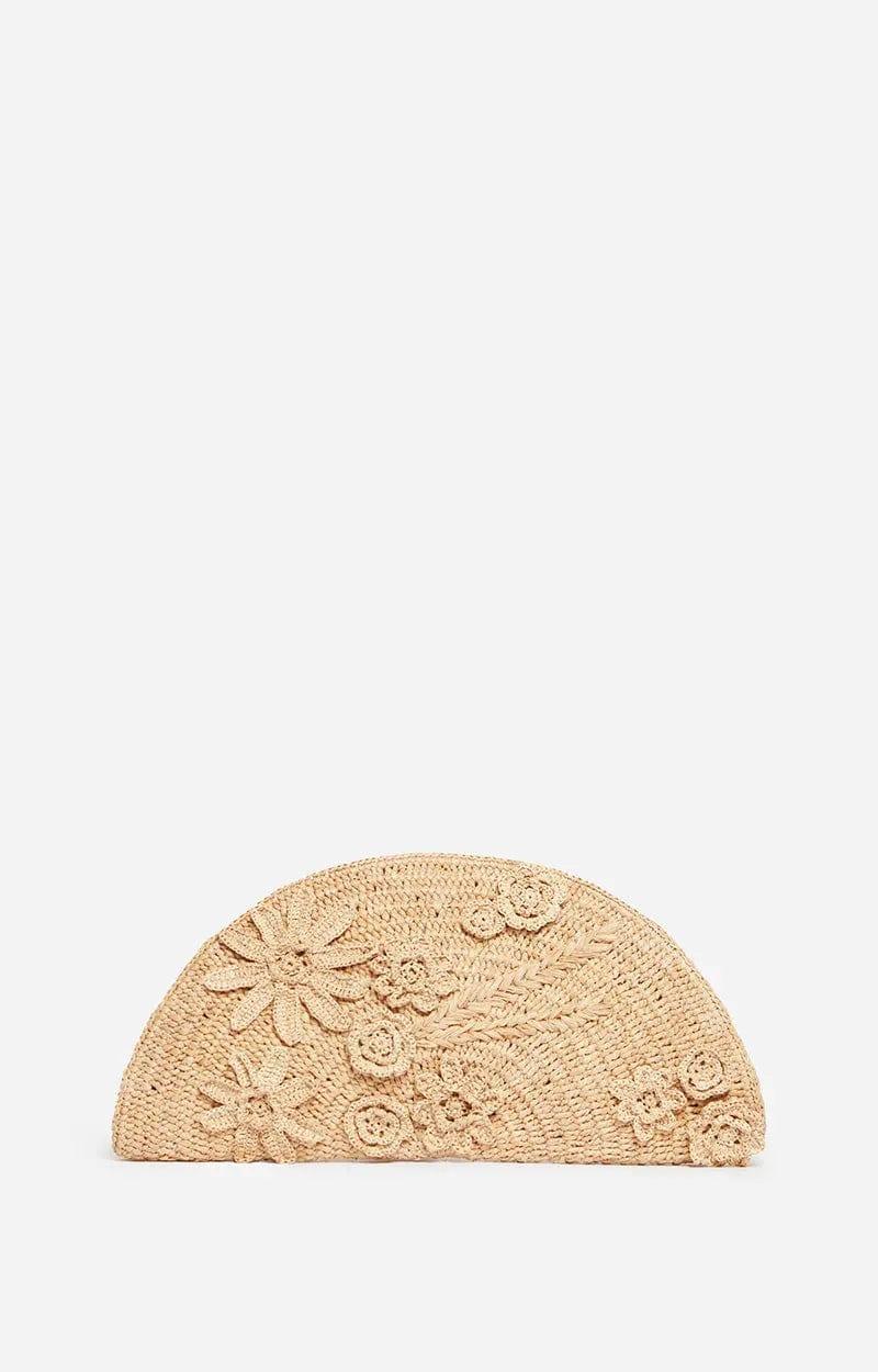Handcrafted Natural Raffia Clutch Bag – Floral Embroidery, Half - Moon Design - My Store