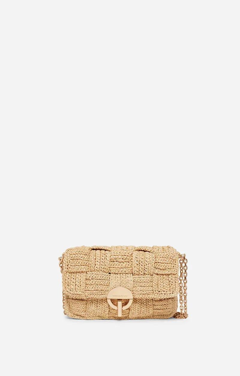 Handwoven Medium Raffia Moon Bag – Checkered Weave, Chain Strap, Natural Color - My Store
