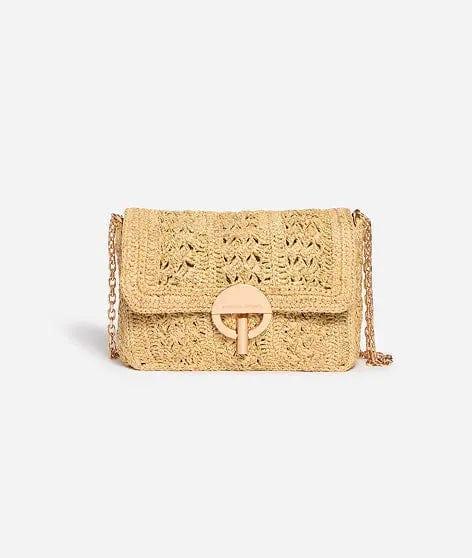 Handwoven Medium Raffia Shoulder Bag – Natural Fiber, Chain Strap, Interior Pocket - My Store
