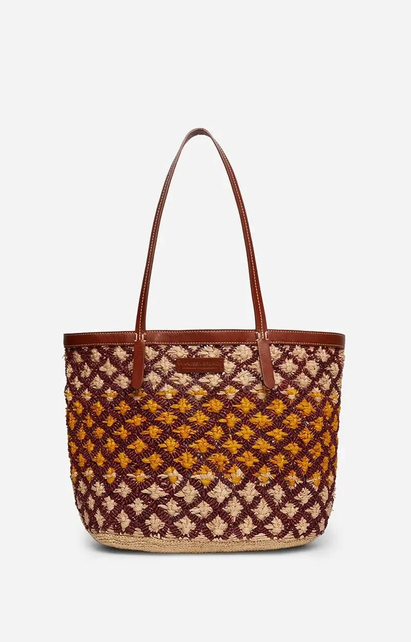 Multicolor Yellow Raffia Basket Bag with Leather Handles - My Store
