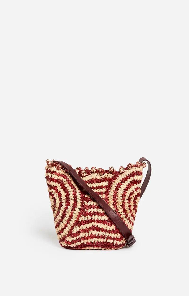 Two - Tone Handwoven Raffia Basket Bag – Circular Pattern, Leather Strap, Burgundy - My Store