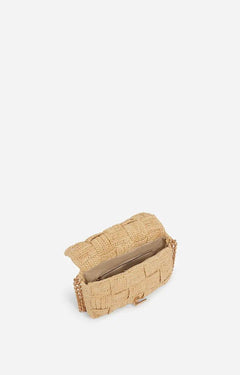 Handwoven Medium Raffia Moon Bag – Checkered Weave, Chain Strap, Natural Color - My Store