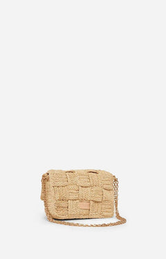 Handwoven Medium Raffia Moon Bag – Checkered Weave, Chain Strap, Natural Color - My Store