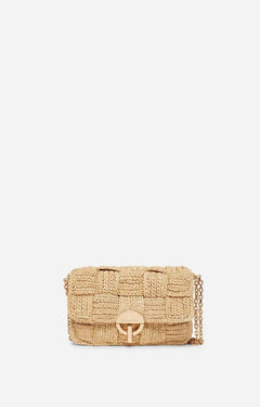 Handwoven Medium Raffia Moon Bag – Checkered Weave, Chain Strap, Natural Color - My Store