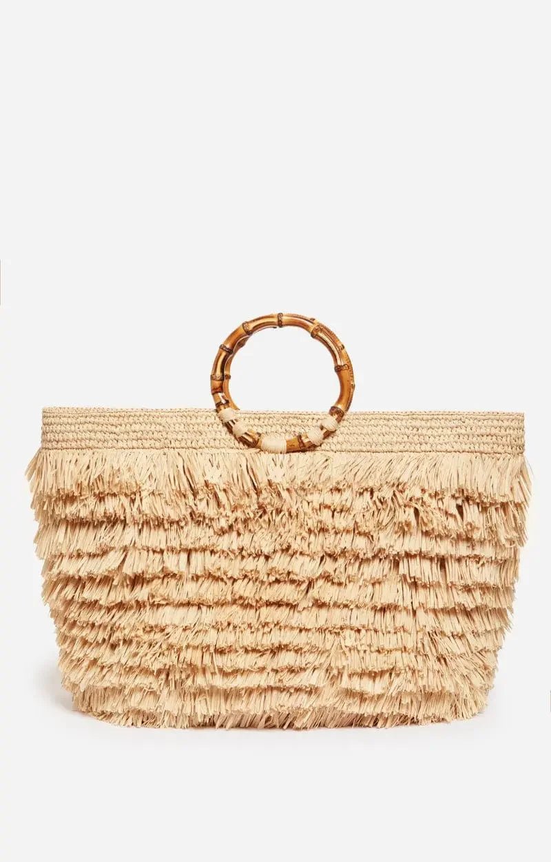 Large Handwoven Raffia Basket Bag – Bamboo Handles, Fringed Detail, Natural Color - My Store