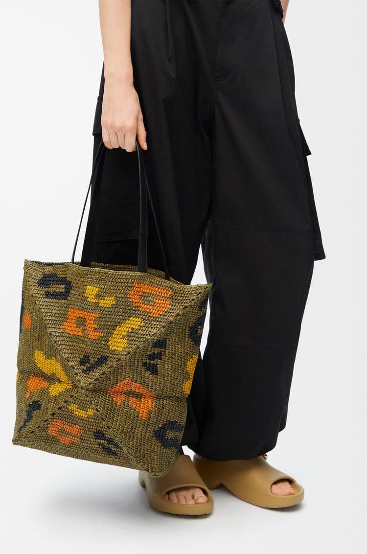 Large Raffia Leopard Pattern Tote Bag – Olive Green Shoulder Carry with Leather Handles - My Store