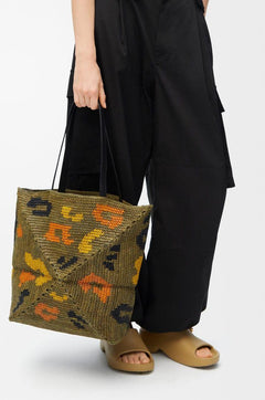 Large Raffia Leopard Pattern Tote Bag – Olive Green Shoulder Carry with Leather Handles - My Store
