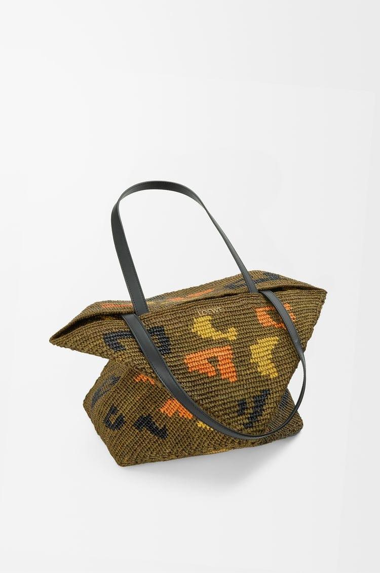 Large Raffia Leopard Pattern Tote Bag – Olive Green Shoulder Carry with Leather Handles - My Store
