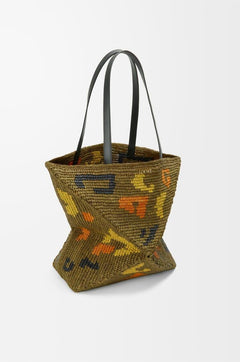 Large Raffia Leopard Pattern Tote Bag – Olive Green Shoulder Carry with Leather Handles - My Store