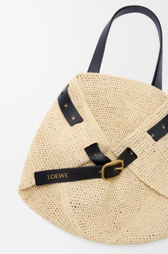 Medium Raffia Shopper Bag with Buckle – Natural Color, Soft Folding Design - My Store