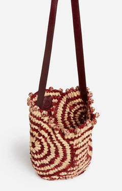 Two - Tone Handwoven Raffia Basket Bag – Circular Pattern, Leather Strap, Burgundy - My Store