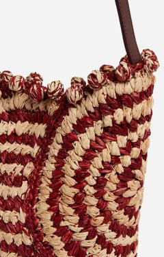 Two - Tone Handwoven Raffia Basket Bag – Circular Pattern, Leather Strap, Burgundy - My Store