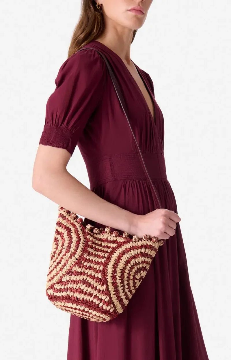 Two - Tone Handwoven Raffia Basket Bag – Circular Pattern, Leather Strap, Burgundy - My Store