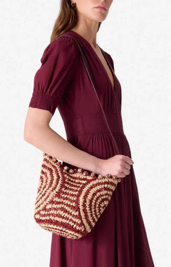 Two - Tone Handwoven Raffia Basket Bag – Circular Pattern, Leather Strap, Burgundy - My Store